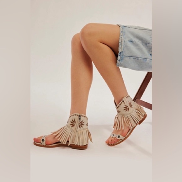 Ash Cream and Brown Fringe Sandals - Picture 1 of 6